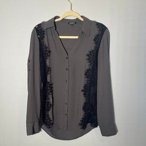 Express Gray and Black Lace Button Up Collared Blouse Womens Size Medium